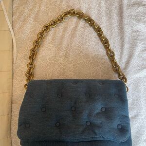 Zara quilted Denim Blue and Gold Shoulder Bag with Denim Aesthetic